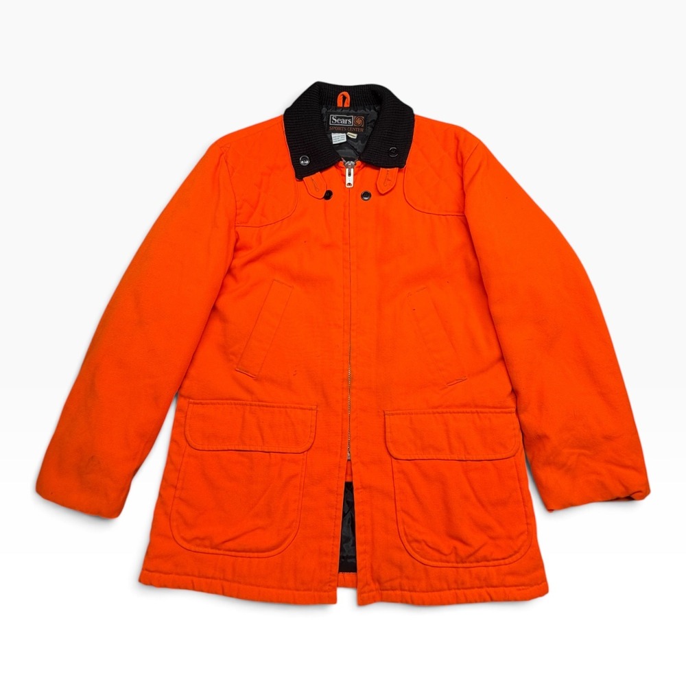 Vintage Sears Sports Center Hunting Jacket Blaze Orange Game Bag Quilted Size 40